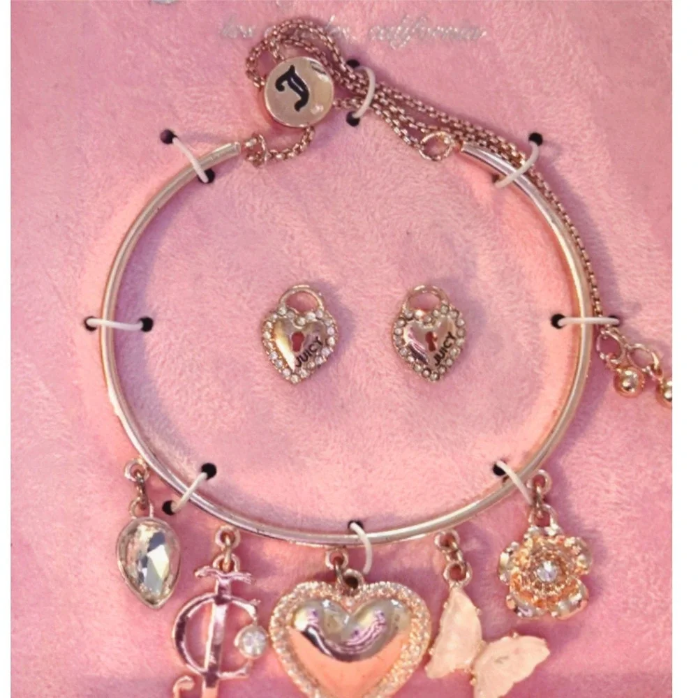 Juicy Couture Gold Charm Bracelet and Heart‎ Locket EarringSet